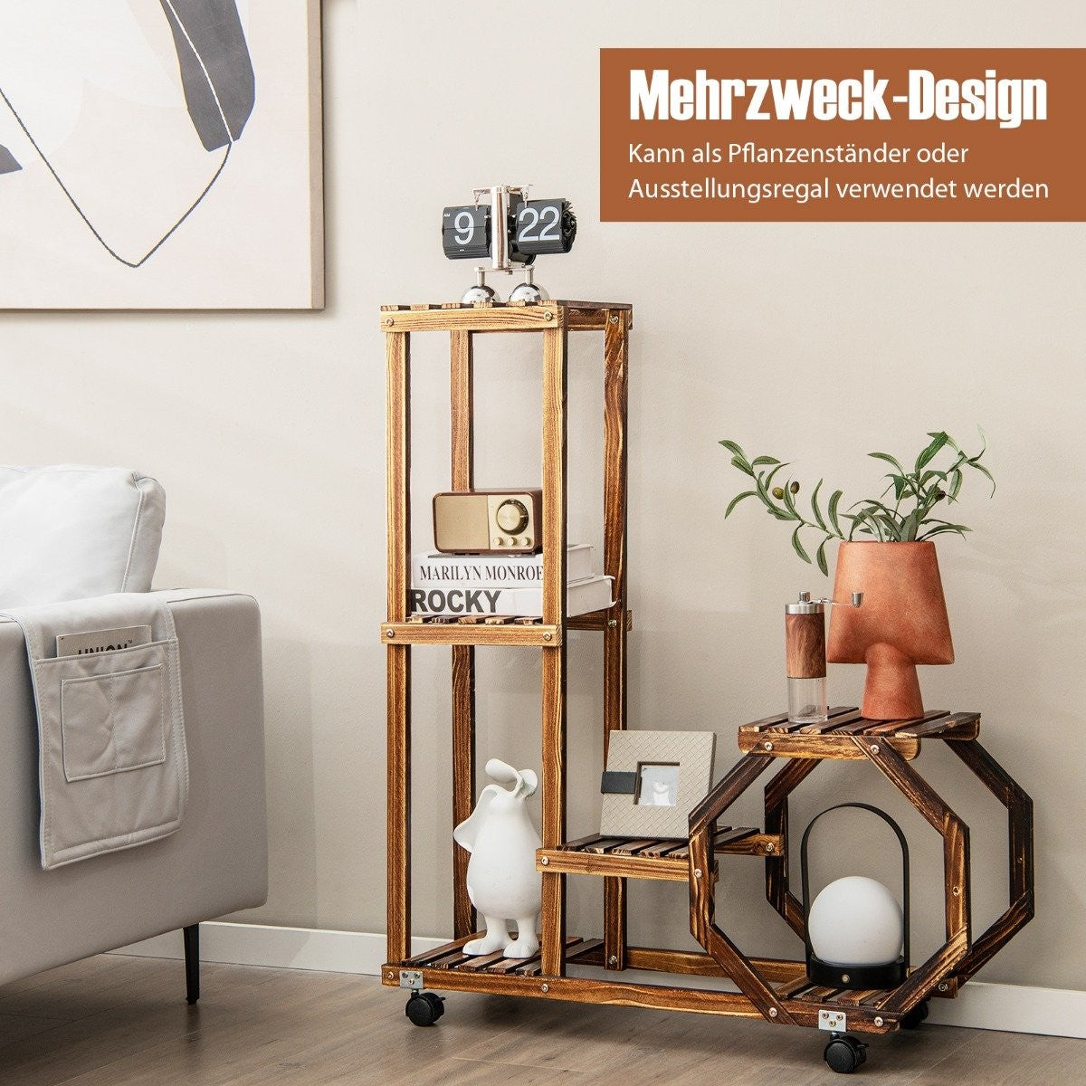 Plant stand with lockable and removable wheels 107 x 29 x 74 cm natural