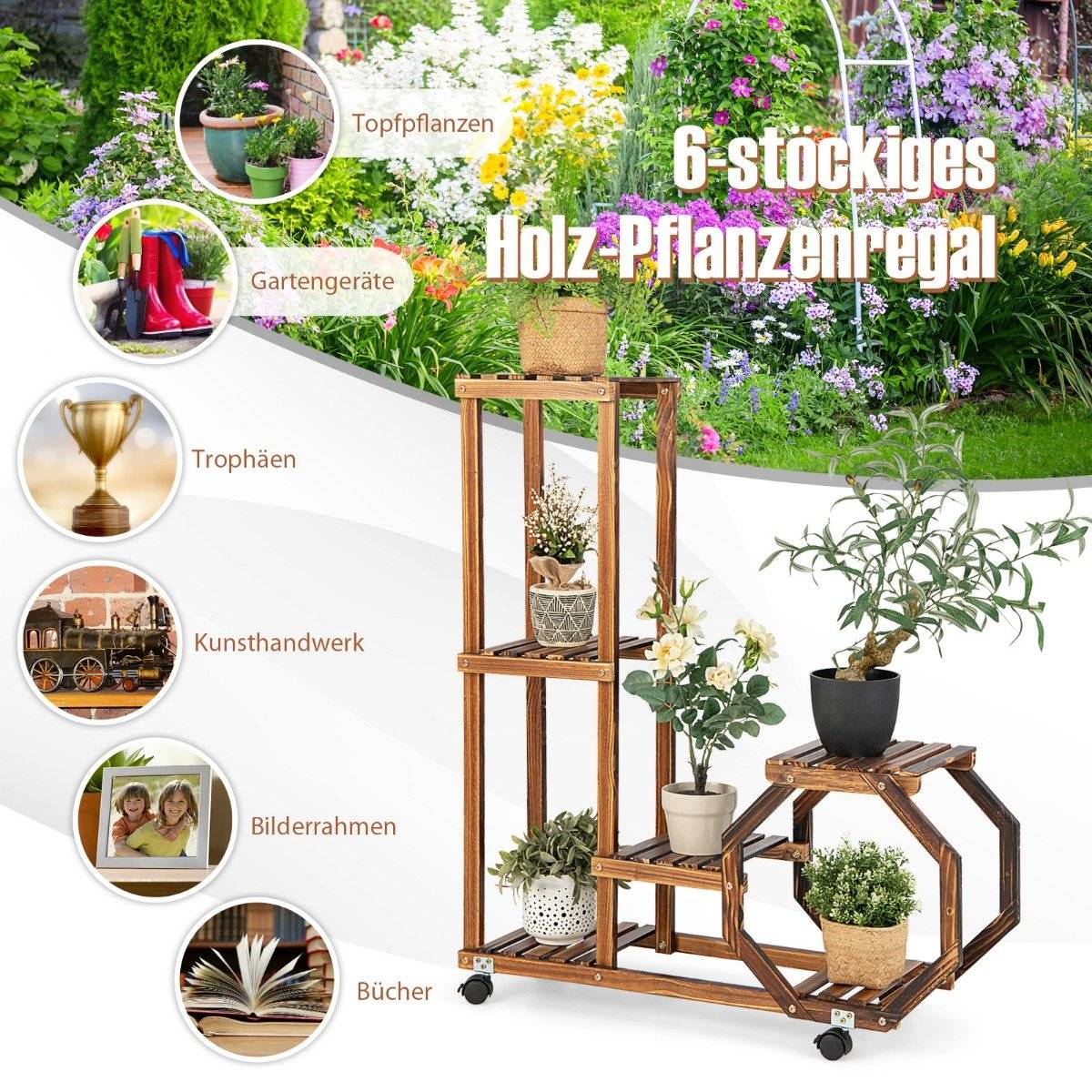 Plant stand with lockable and removable wheels 107 x 29 x 74 cm natural