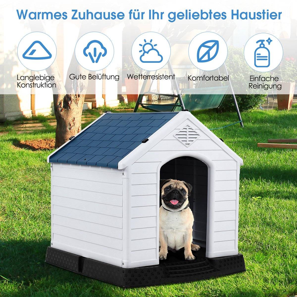 Plastic Dog House with Elevated Floor, Blue and White