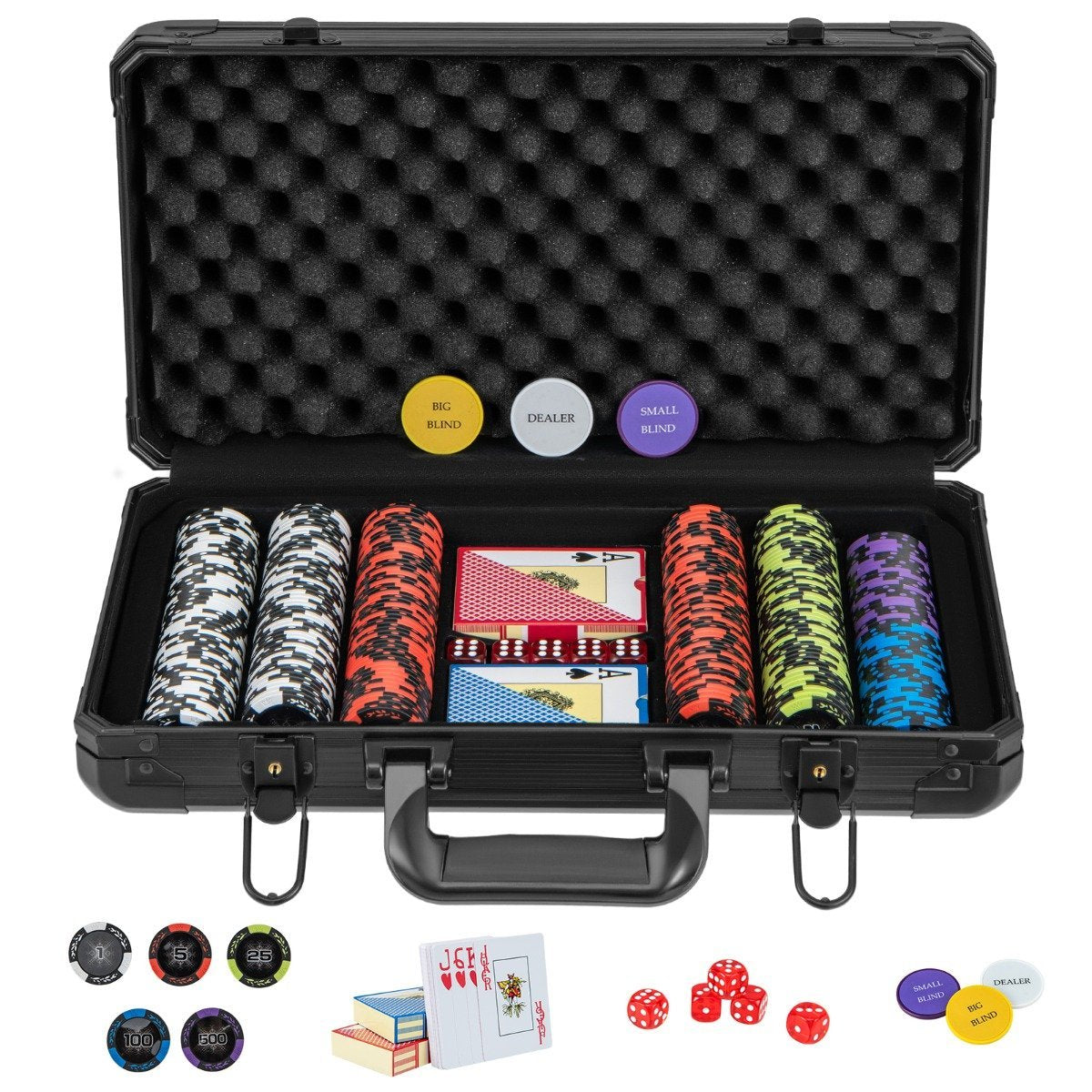 Poker set with 300 laser chips & playing cards & 5 dice & 3 dealer chips & 2 keys poker case