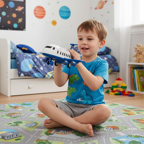 Police Plane Toy Set with Cars, Foldable Parking Lot
