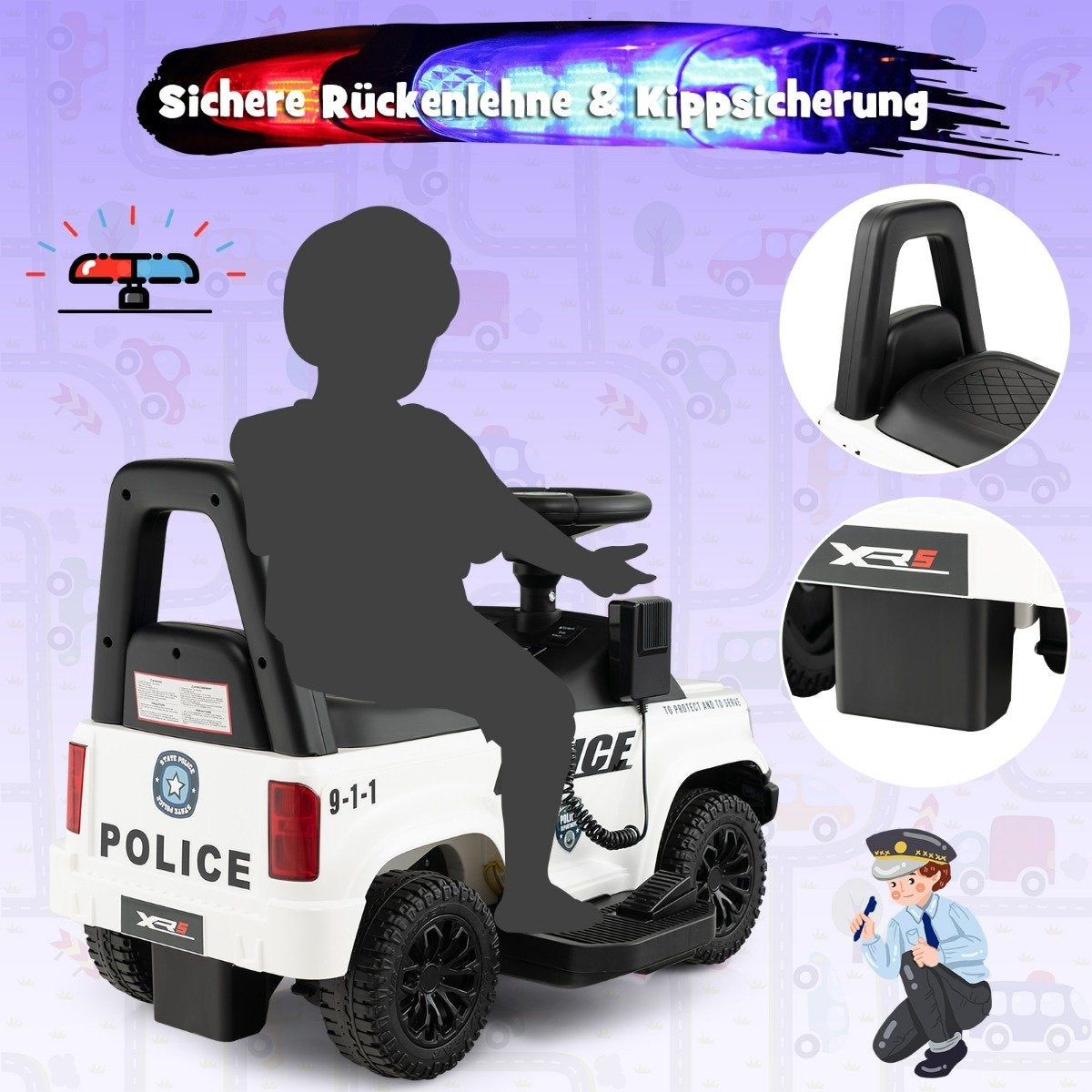 Police electric car for children 6V electric children's car with storage space white