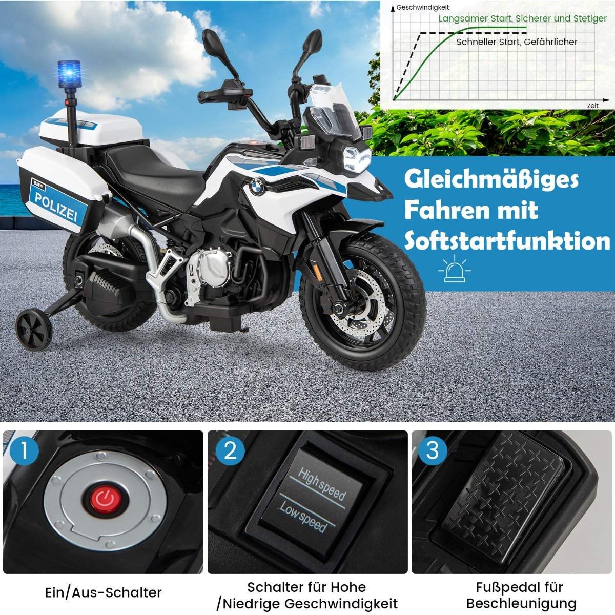 Police motorcycle for children, battery-operated motorcycle with 2 training wheels, 110 x 82.5 x 63 cm, white
