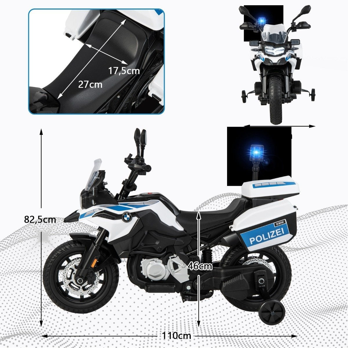 Police motorcycle for children, battery-operated motorcycle with 2 training wheels, 110 x 82.5 x 63 cm, white