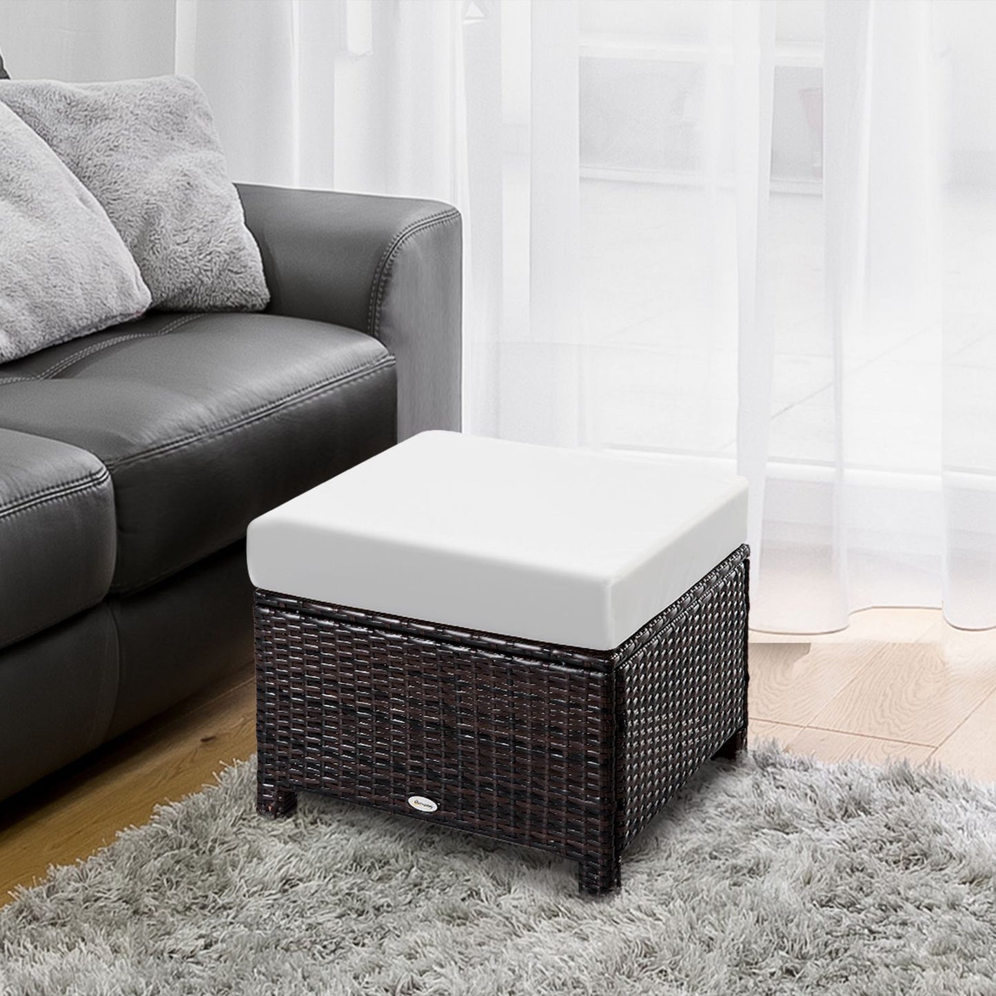 Balcony stool in poly rattan with cushion, brown/cream, 50x50x35 cm