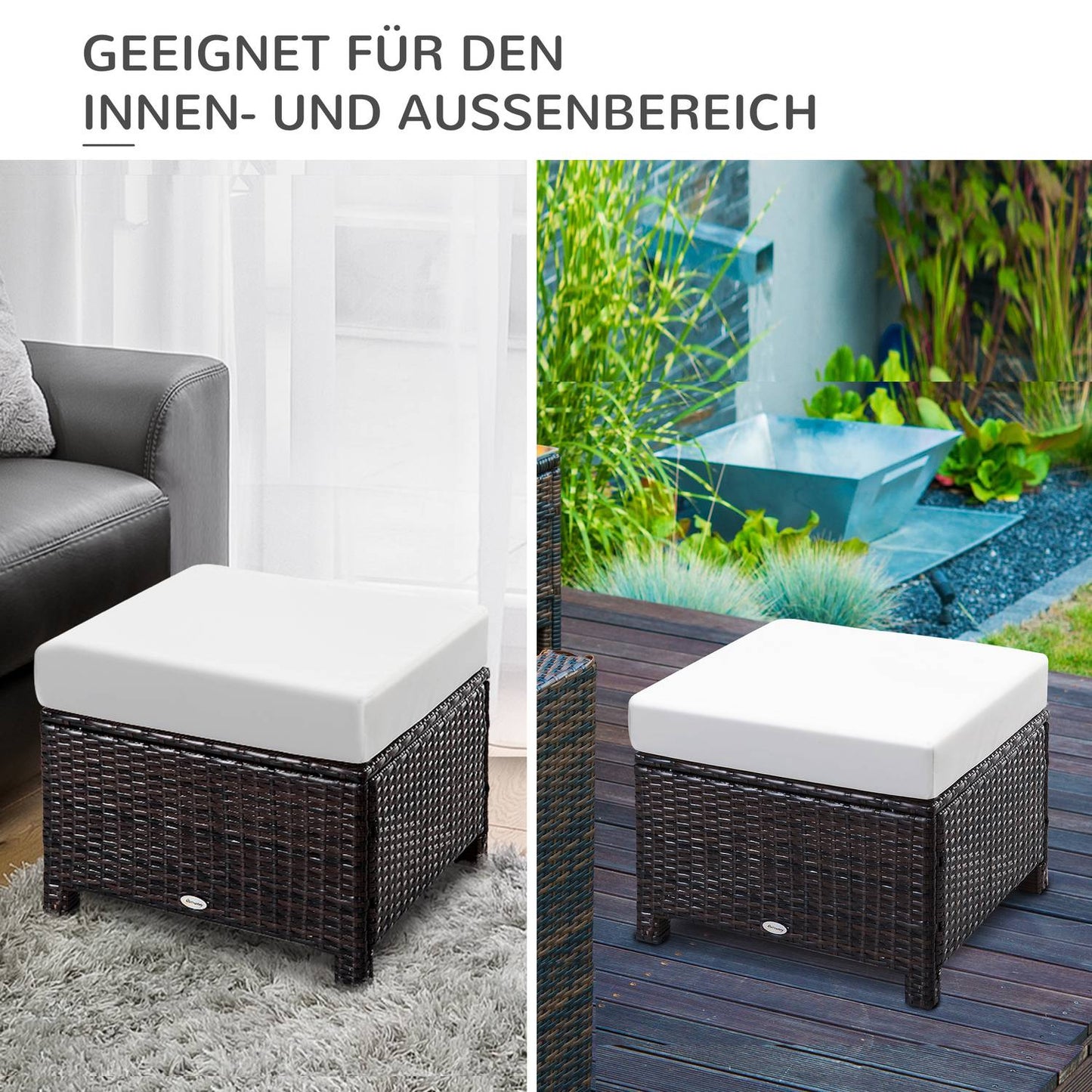 Balcony stool in poly rattan with cushion, brown/cream, 50x50x35 cm