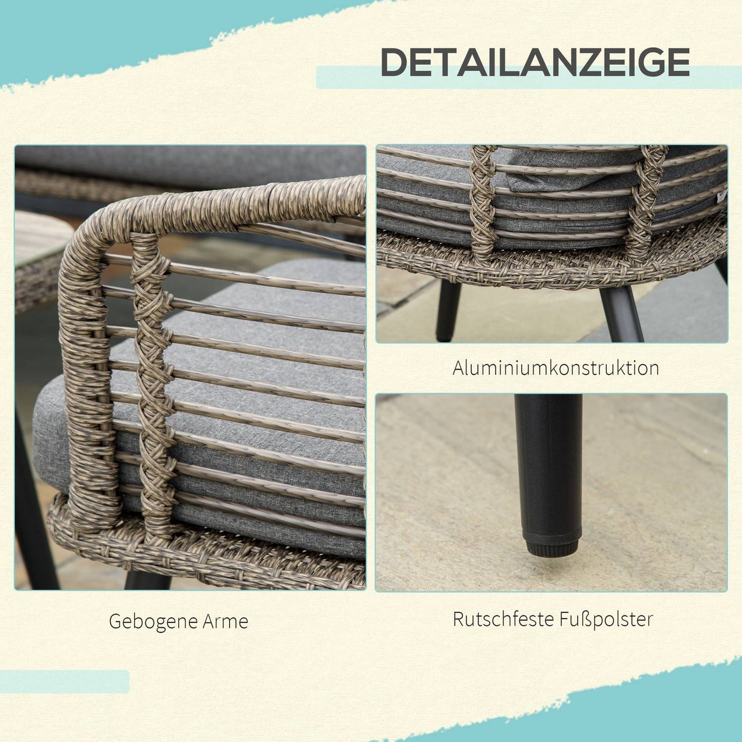 Poly rattan garden furniture with cushions for 4 - Brown/Grey