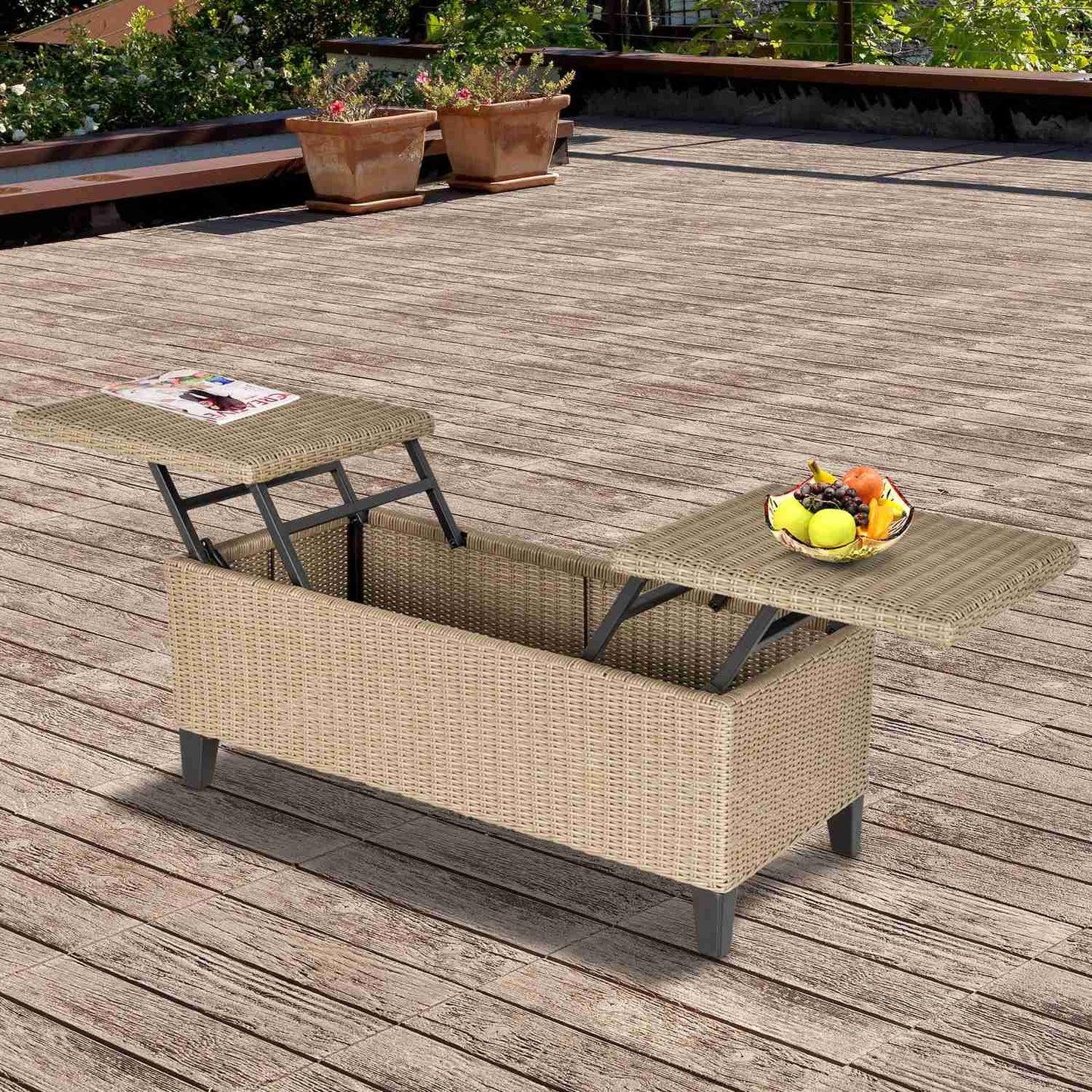 Extendable garden coffee table in poly rattan, khaki steel
