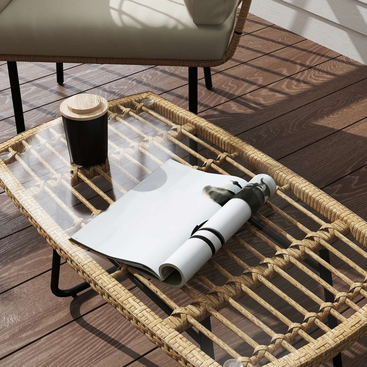 Outdoor poly rattan side table, UV resistant, glass top