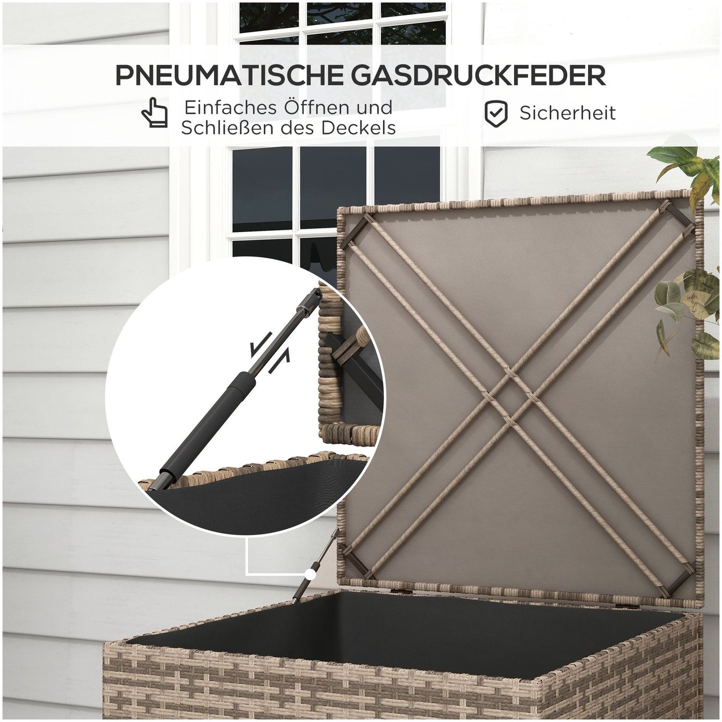 Weather-resistant storage box in poly rattan with auto-lift lid