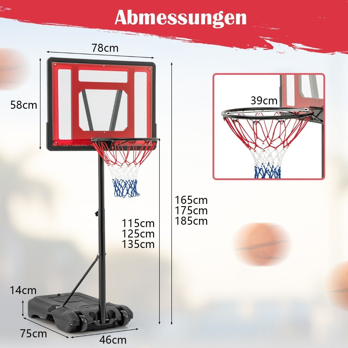 Pool basketball hoop outdoor basketball stand 115-135 cm height adjustable red