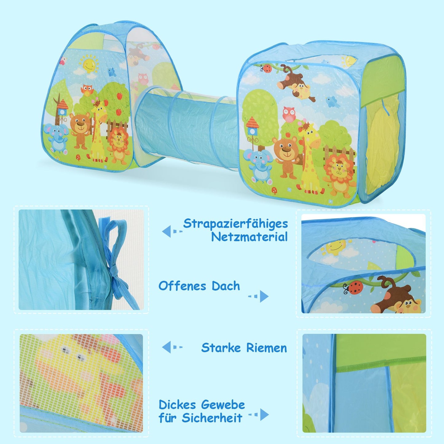 Children's play tent with 3-part folding tunnel, polyester fabric