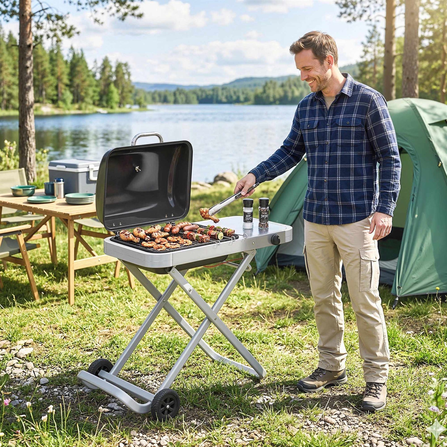 Portable Gas Grill with 1 Burner, Foldable Cart, Thermometer
