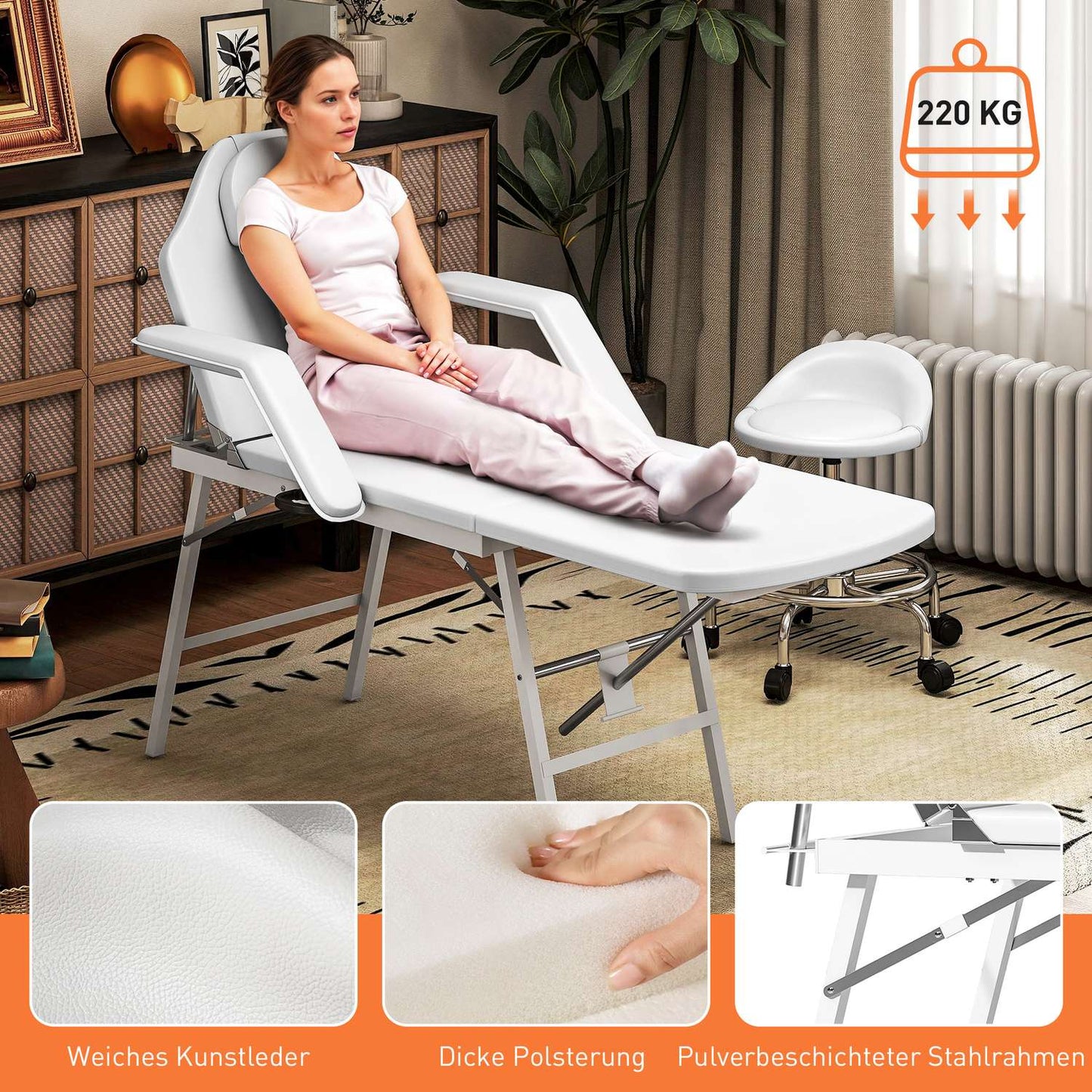 Portable Massage Table, Adjustable Back and Leg Rest, White