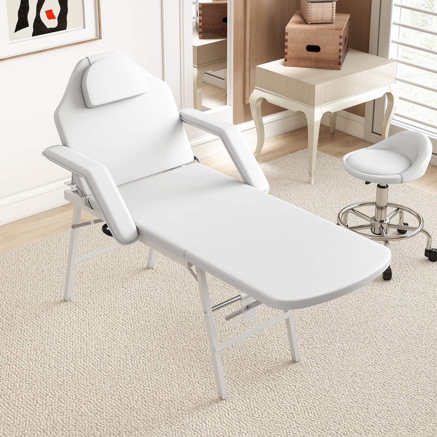 Portable Massage Table, Adjustable Back and Leg Rest, White