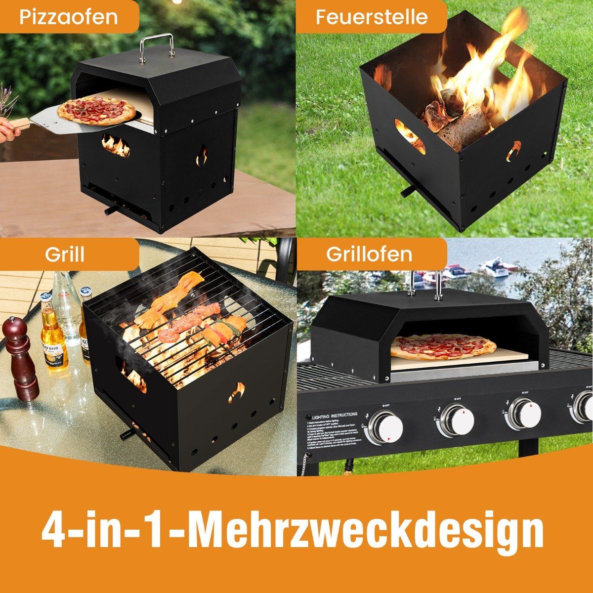 Portable Multi-Purpose 4-in-1 Pizza Oven with Cover & 2 Layer Black