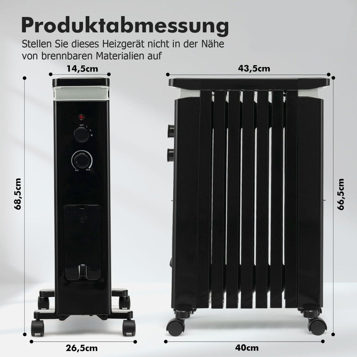 Portable Oil Filled Radiator with 3 Heat Settings & Universal Wheels Black