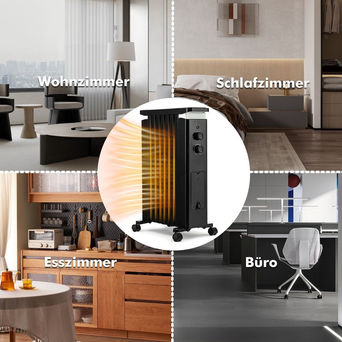 Portable Oil Filled Radiator with 3 Heat Settings & Universal Wheels Black