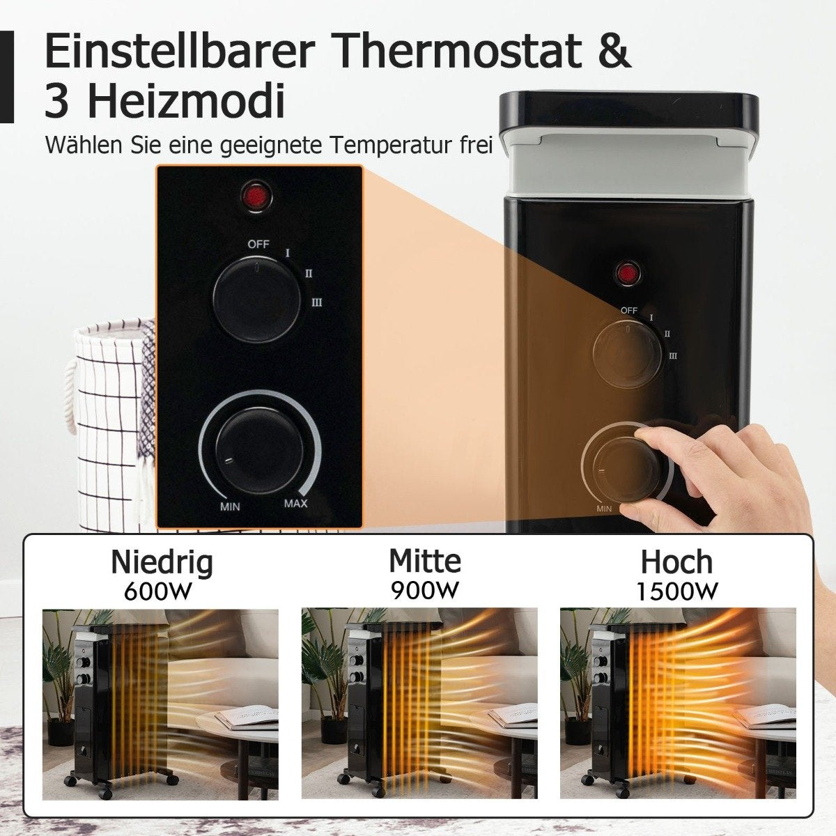 Portable Oil Filled Radiator with 3 Heat Settings & Universal Wheels Black