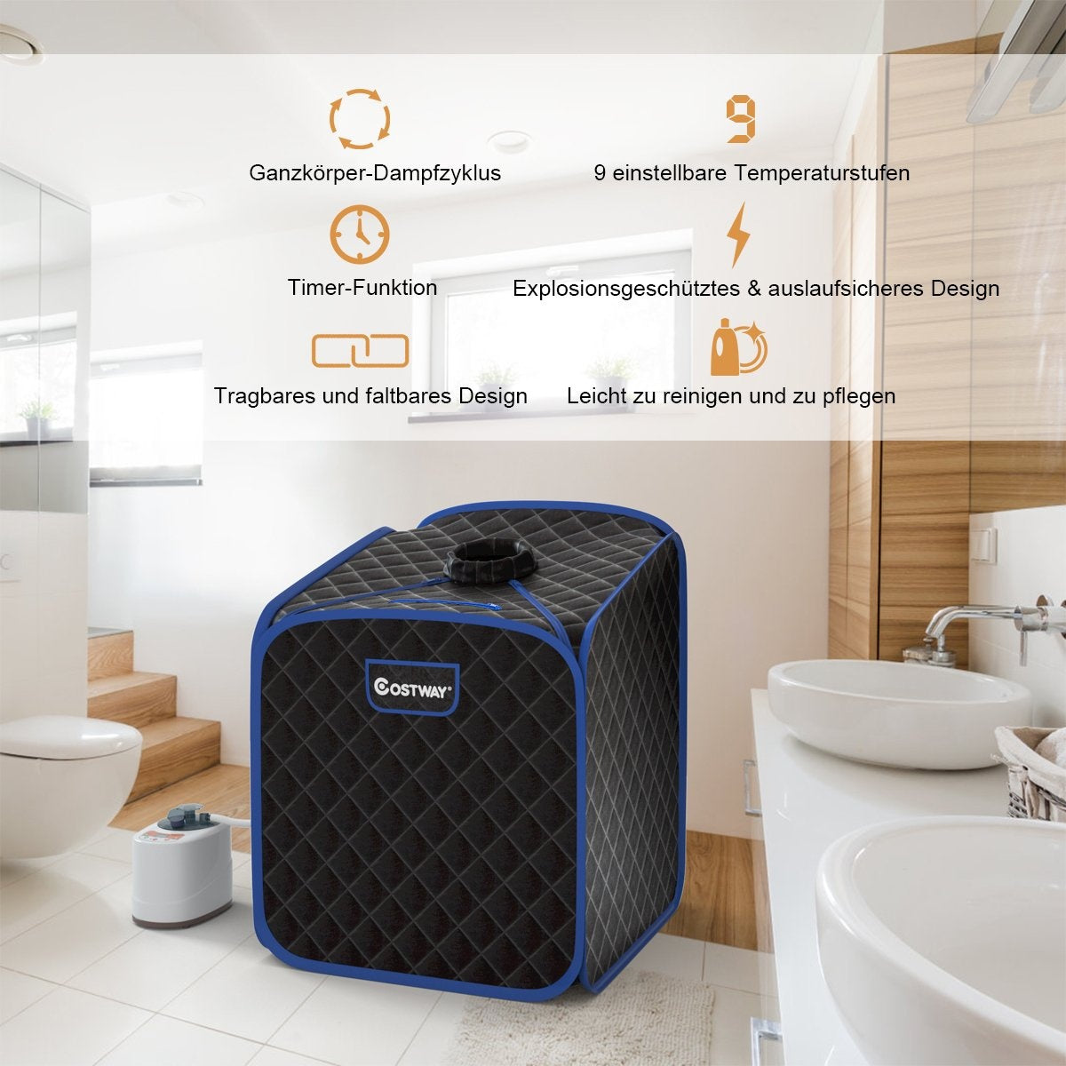 Portable Steam Sauna Spa with Chair Foot Massage Roller and Absorbent Mat 9 Adjustable Temperature Levels Indoor Spa Cabin Black