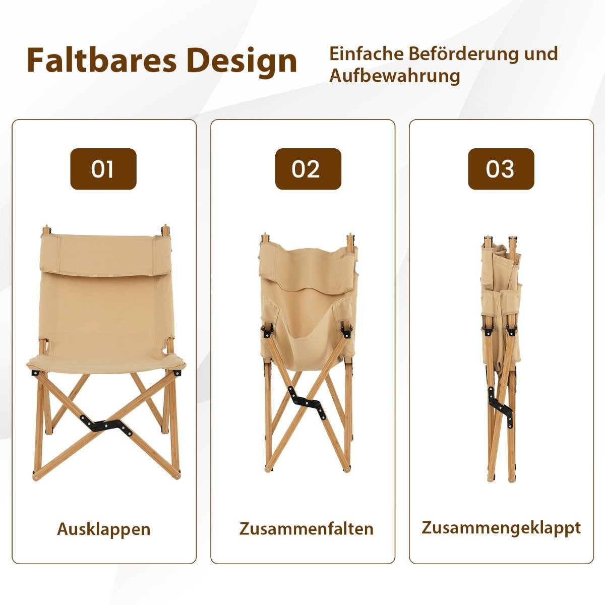 Portable folding camping chair bamboo chair with 2-level adjustable backrest