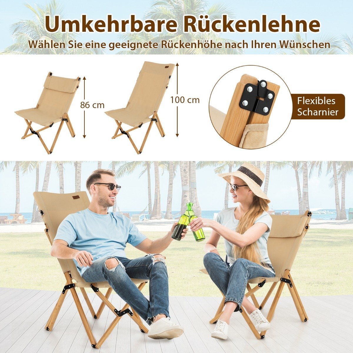 Portable folding camping chair bamboo chair with 2-level adjustable backrest