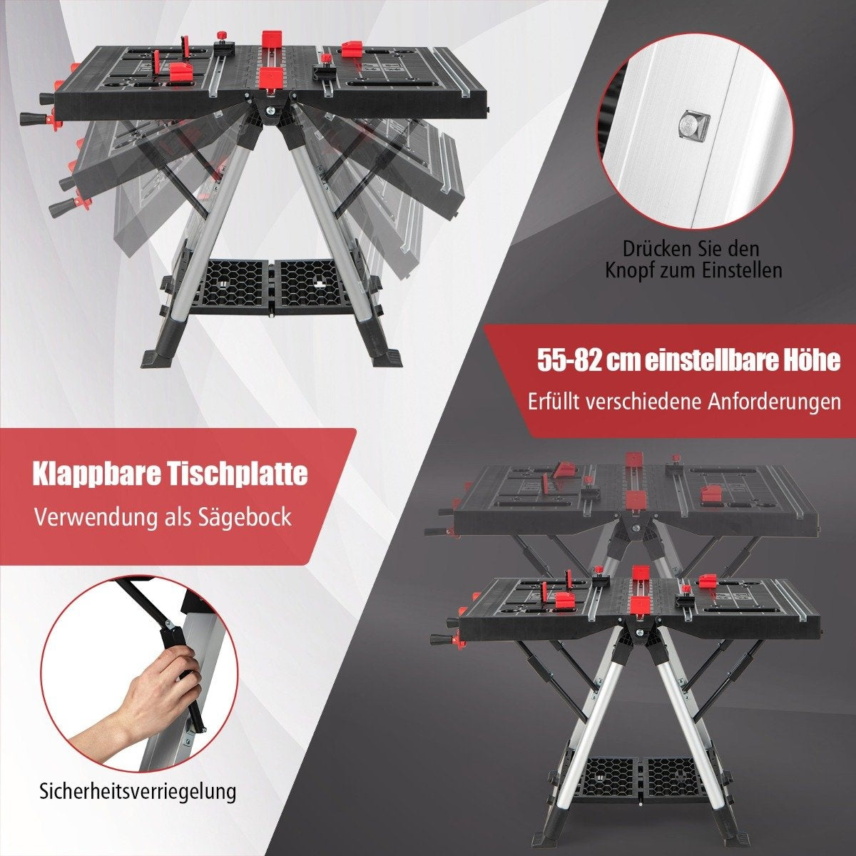 Portable folding work table with adjustable height functional clamping system