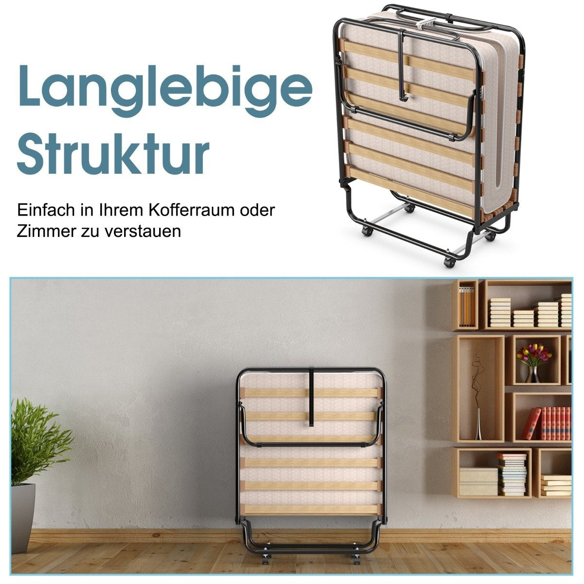 Portable guest bed on wheels with memory foam mattress 80 x 190 x 33 cm light beige made in Italy Origin: Italy