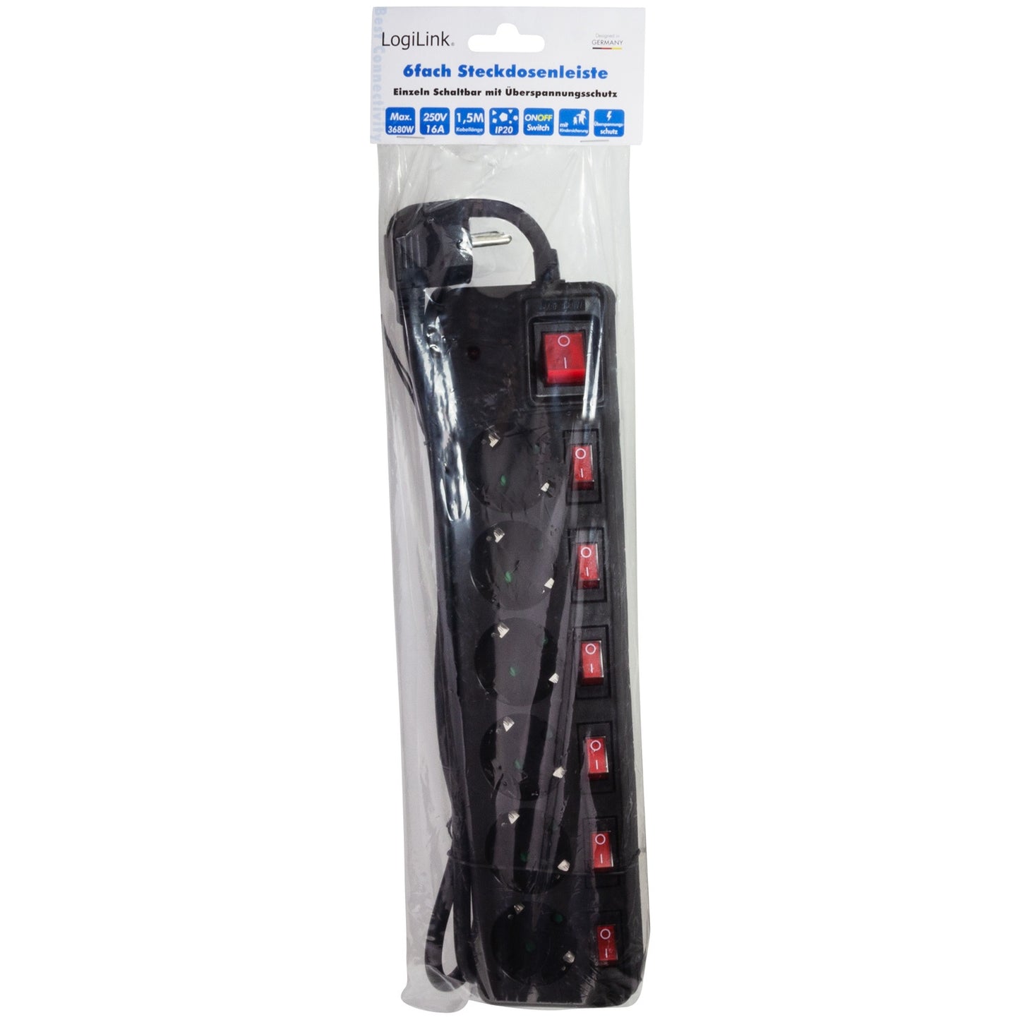 Power outlet with separate switches 6-way Black