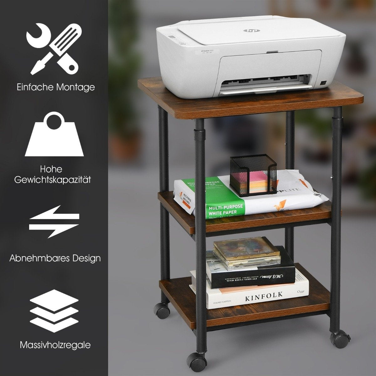 Printer stand 3-tier height-adjustable printer shelf 49 x 40 x 67 / 77 cm brown