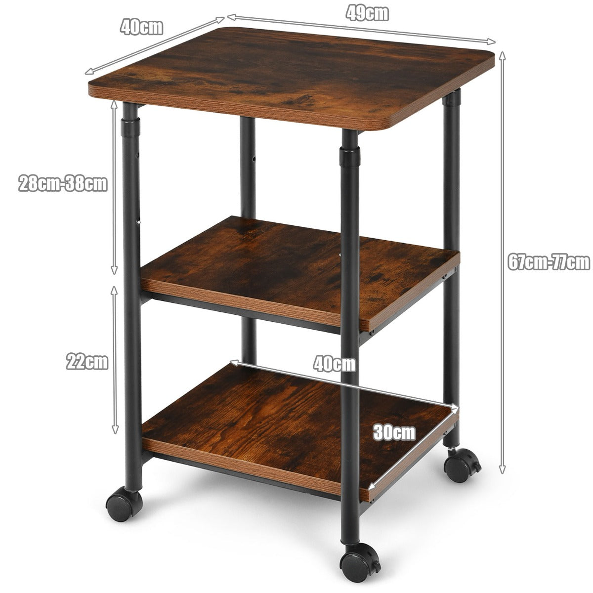 Printer stand 3-tier height-adjustable printer shelf 49 x 40 x 67 / 77 cm brown