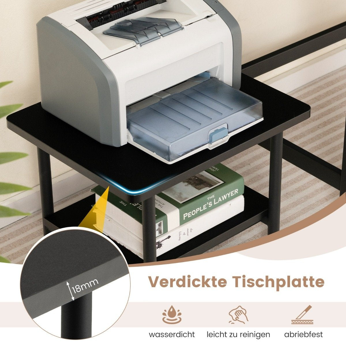 Printer table with 2 levels and lockable wheels, printer stand, printer trolley, black