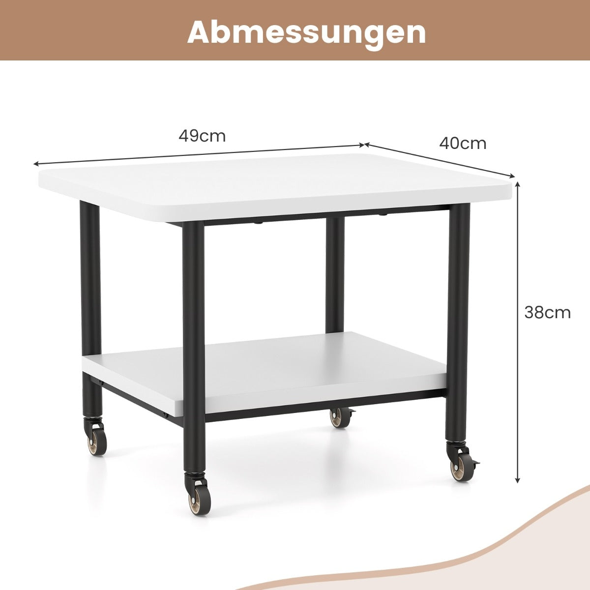 Printer table with 2 levels and lockable wheels, printer stand, printer trolley, white