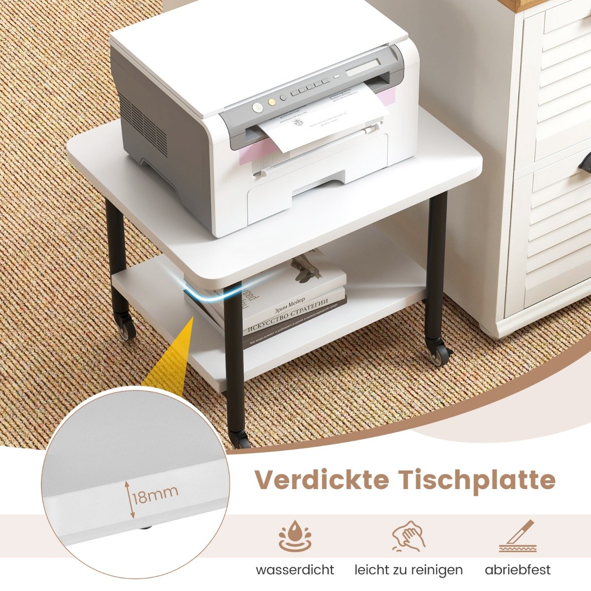 Printer table with 2 levels and lockable wheels, printer stand, printer trolley, white