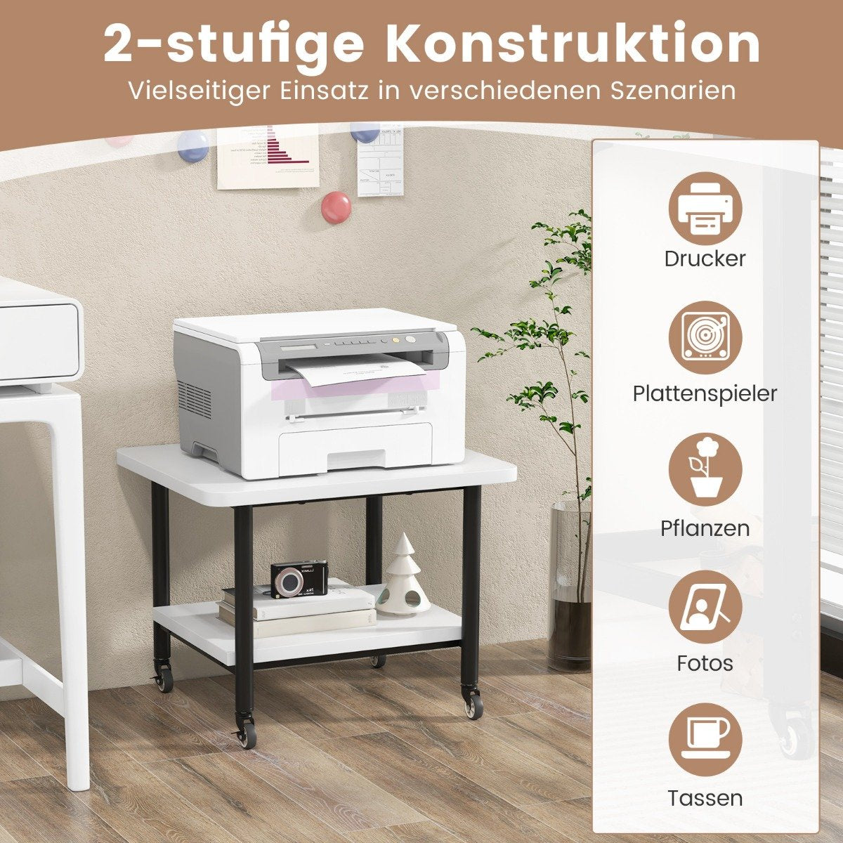 Printer table with 2 levels and lockable wheels, printer stand, printer trolley, white