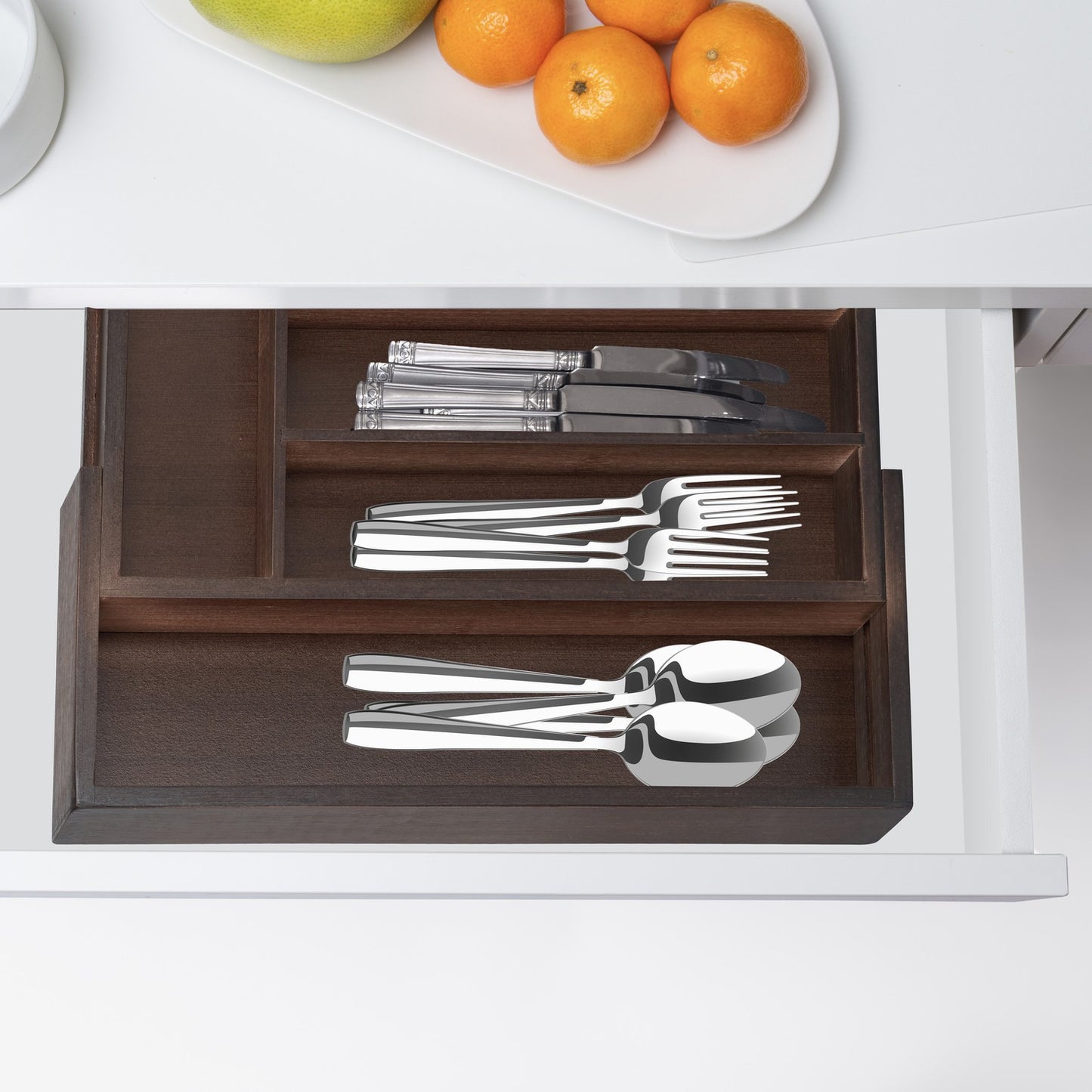 Pull-out cutlery drawer in dark brown bamboo