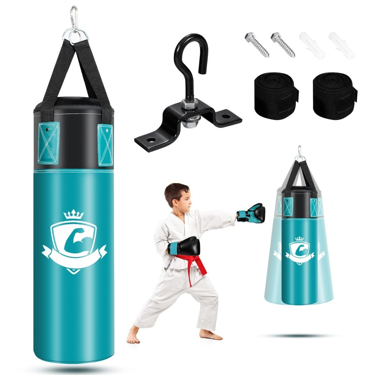 Punching Bag Set with 8oz Boxing Gloves Hand Straps Bag Punching Bag for Children and Adults Black + Green