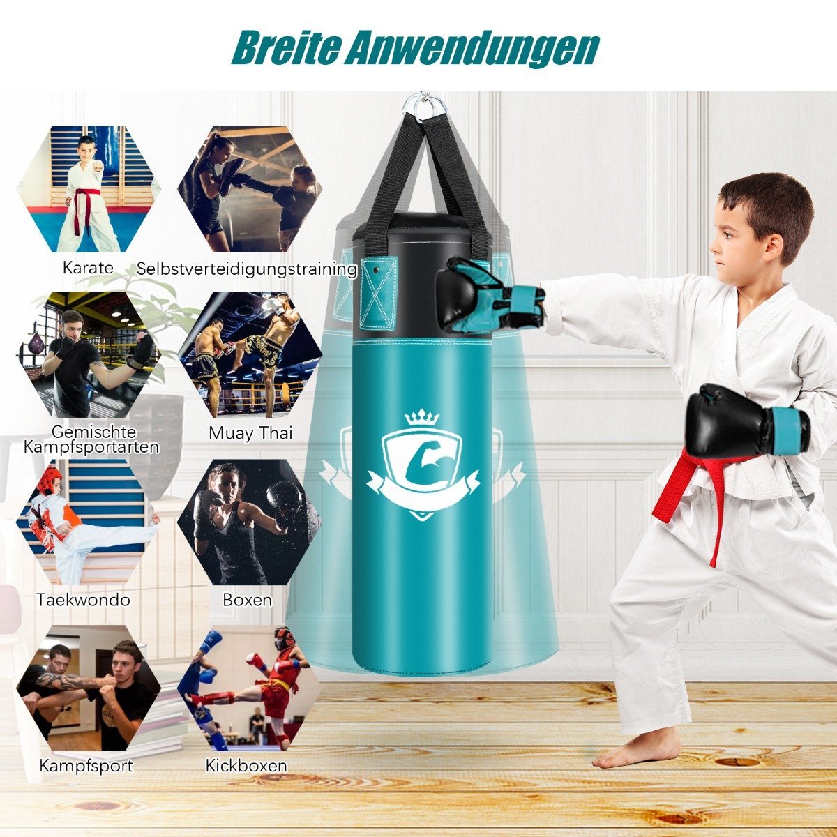 Punching Bag Set with 8oz Boxing Gloves Hand Straps Bag Punching Bag for Children and Adults Black + Green