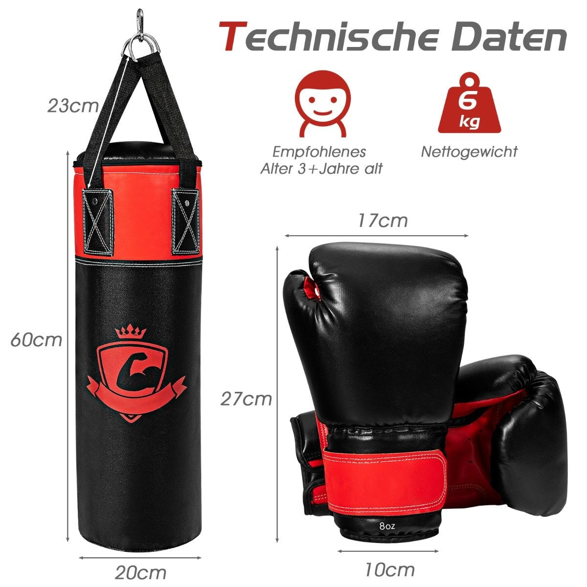 Punching Bag Set with 8oz Boxing Gloves Hand Straps Bag Punching Bag for Children and Adults Black + Red