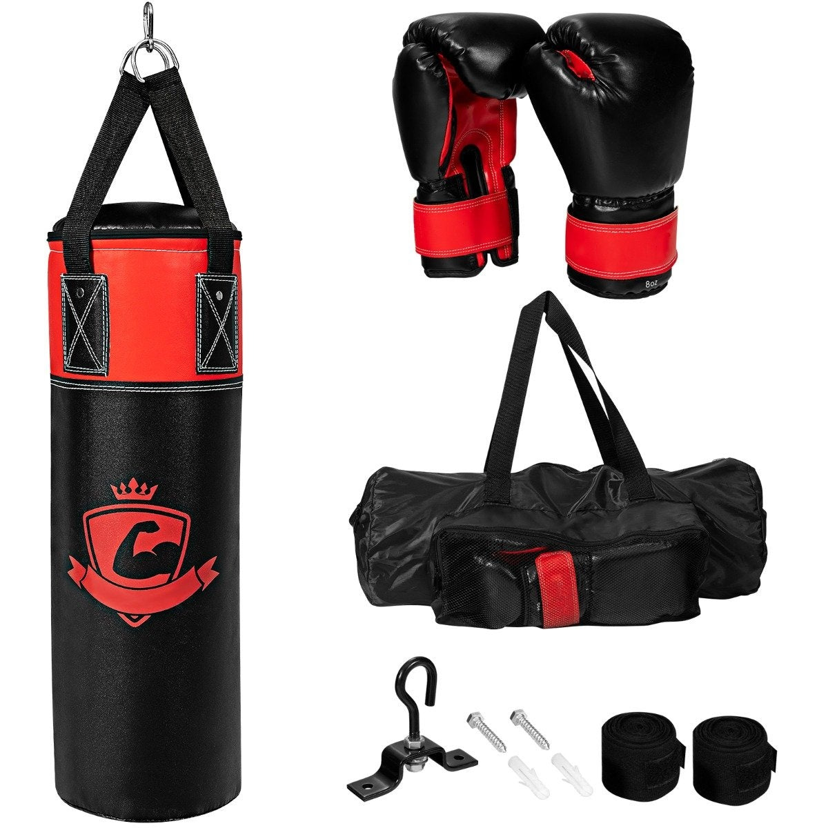 Punching Bag Set with 8oz Boxing Gloves Hand Straps Bag Punching Bag for Children and Adults Black + Red