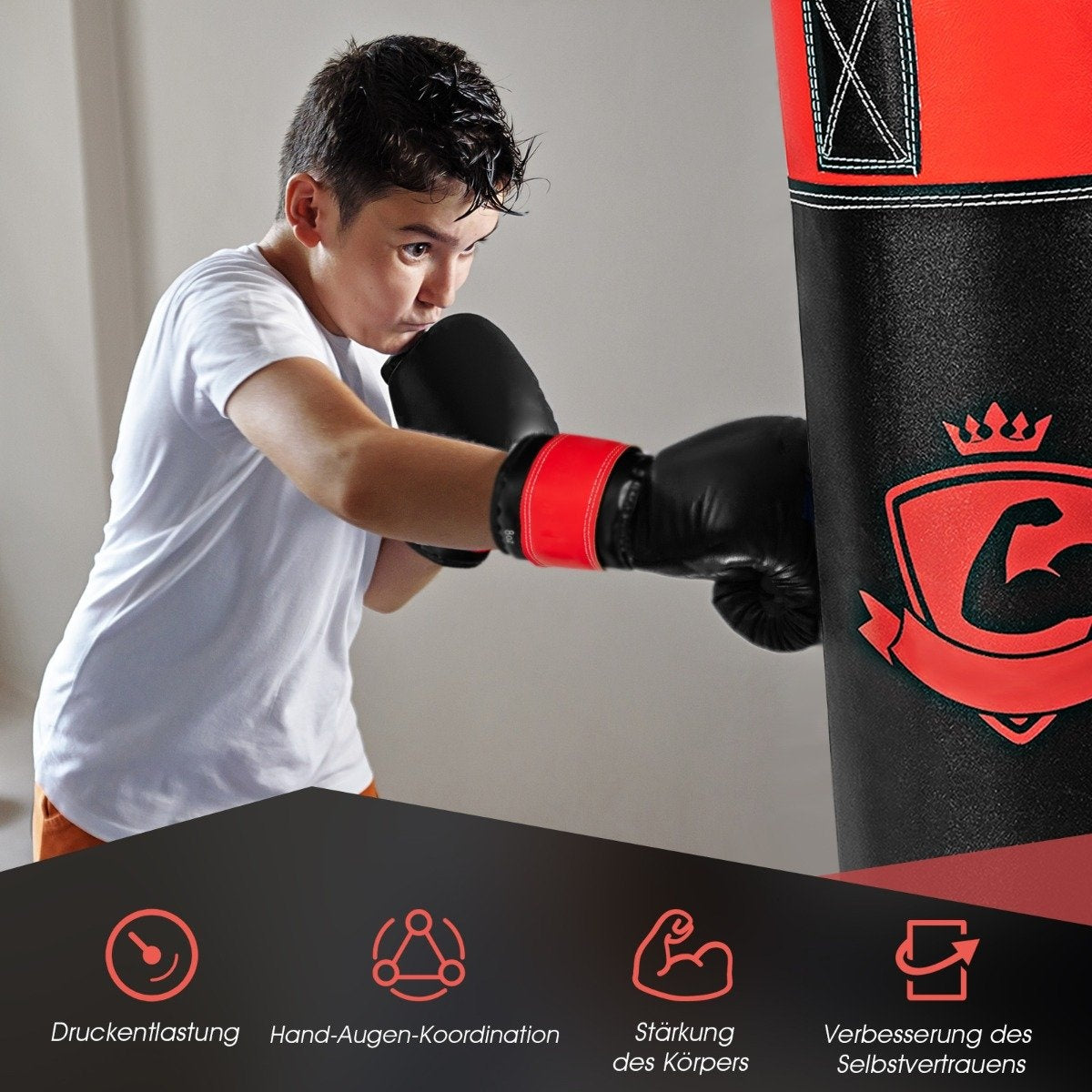 Punching Bag Set with 8oz Boxing Gloves Hand Straps Bag Punching Bag for Children and Adults Black + Red