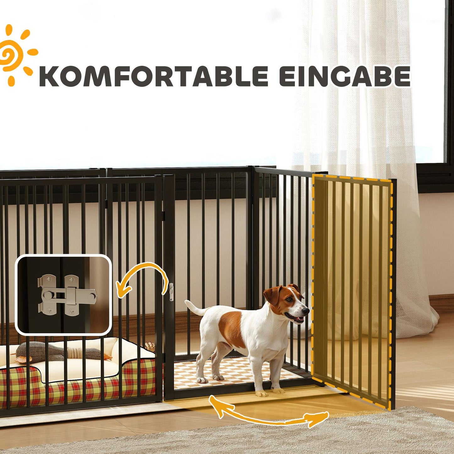 Puppy pen with door, black steel, 6 panels, 76 cm high