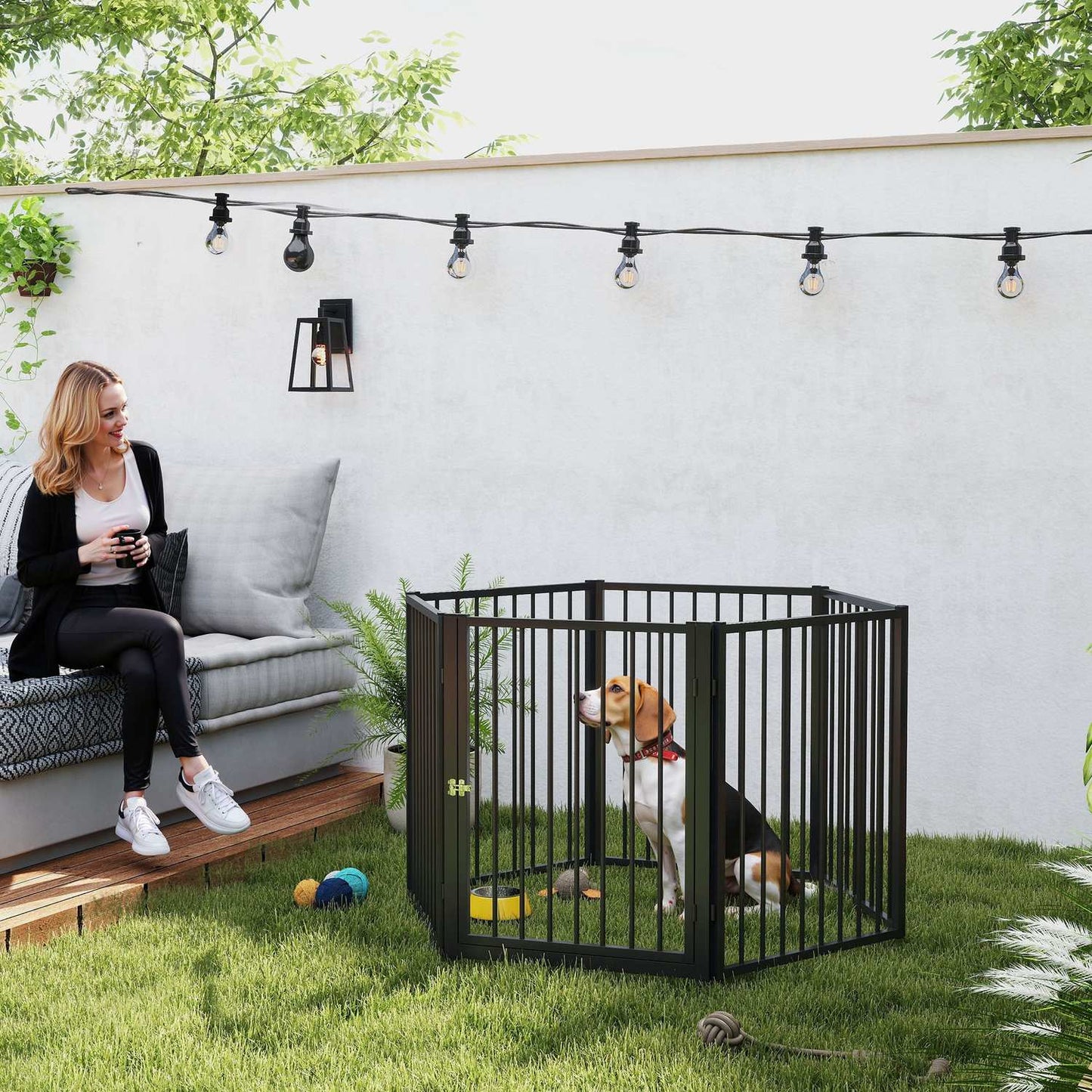 Puppy pen with door, black steel, 6 panels, 76 cm high