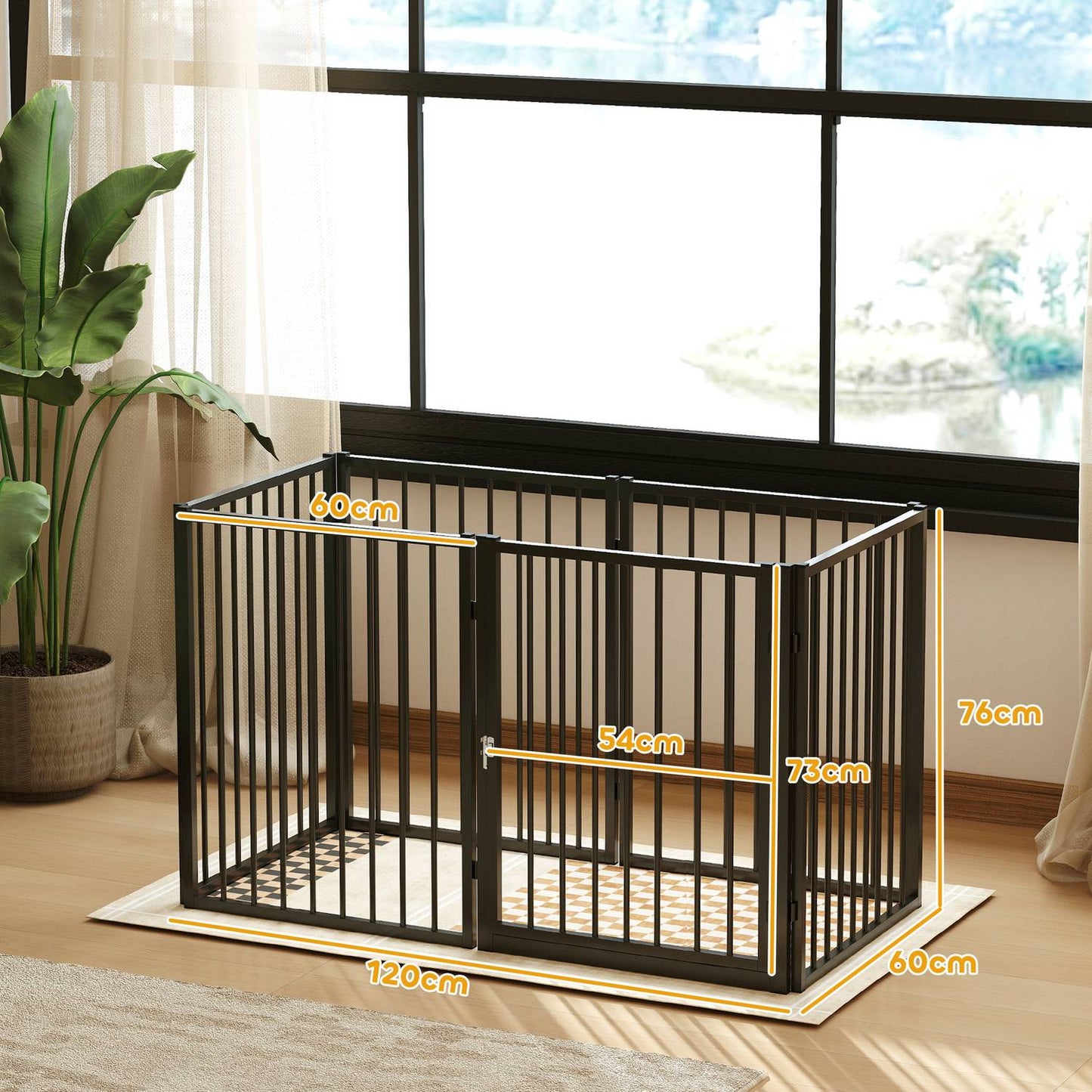 Puppy pen with door, black steel, 6 panels, 76 cm high
