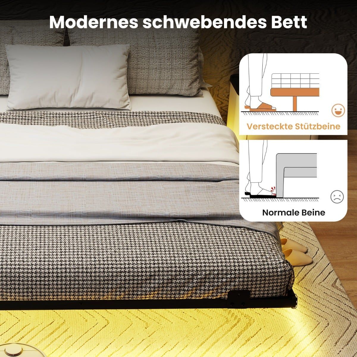 Queen Size Floating Bed Frame with LED Lights, Metal, 160x200 cm
