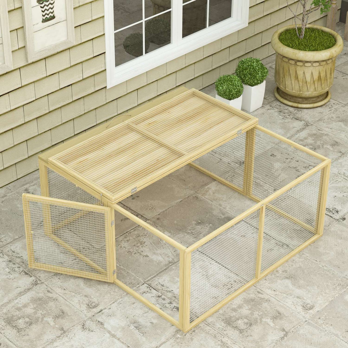 Wooden rabbit cage with open roof, 120x120x57 cm