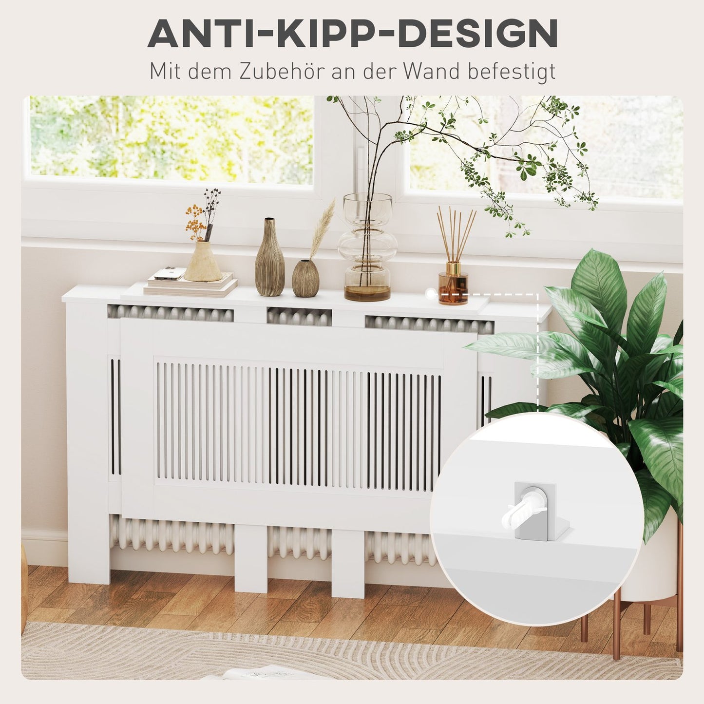 Extendable white radiator cover with shelf, slot design