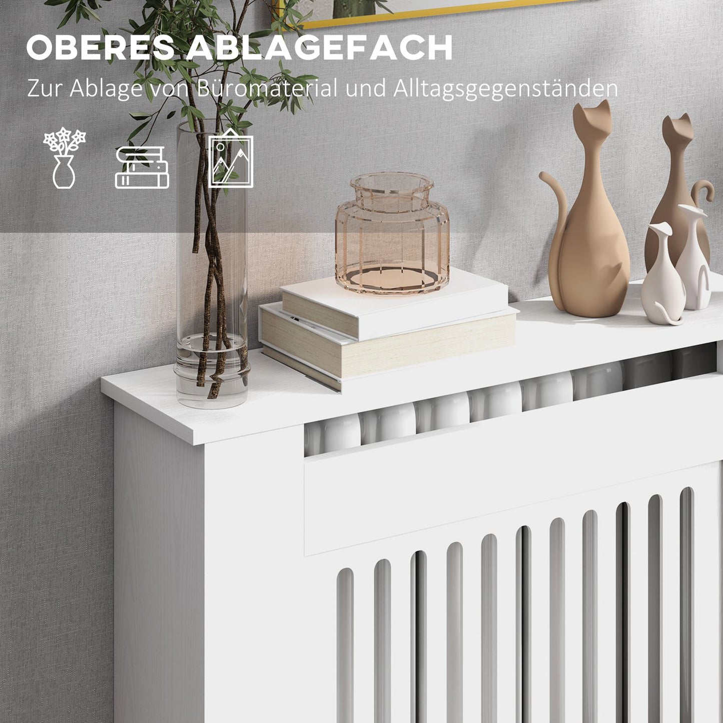 White radiator cover with horizontal slats, 78x19x81cm