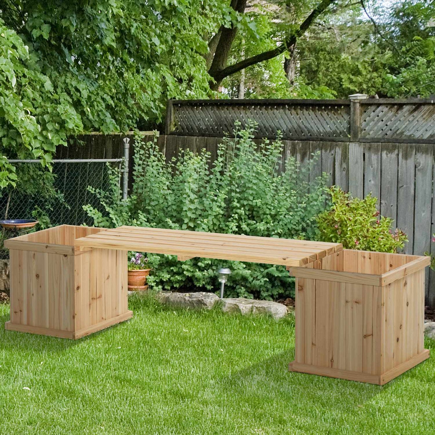 Garden bench with double plantings, natural finish