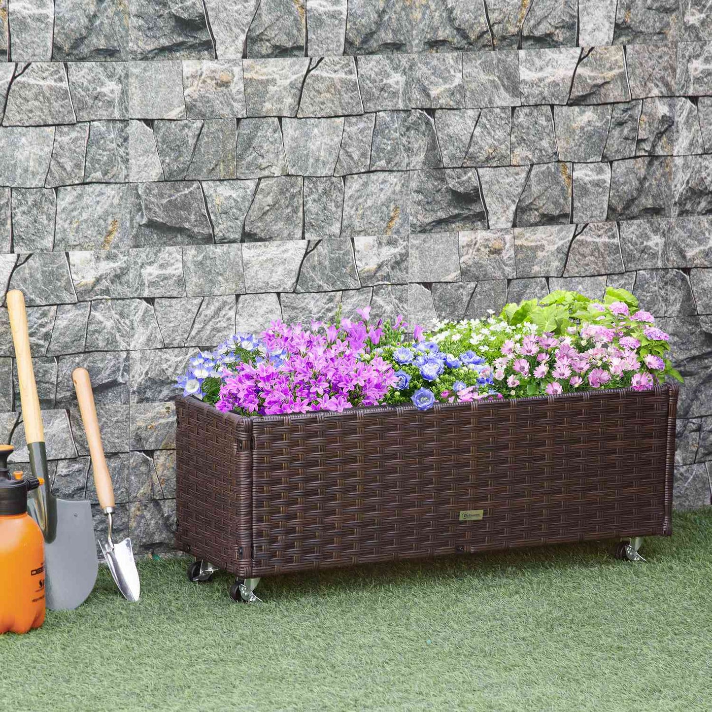 Raised garden bed with wheels, coffee brown rattan - 95x31 cm